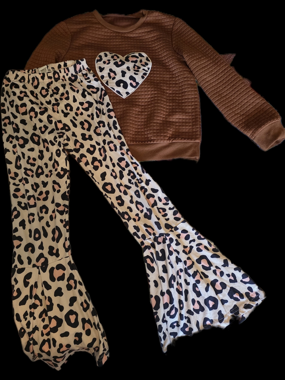 Girls' Brown Quilted Sweatshirt and Leopard Flare Pants Set